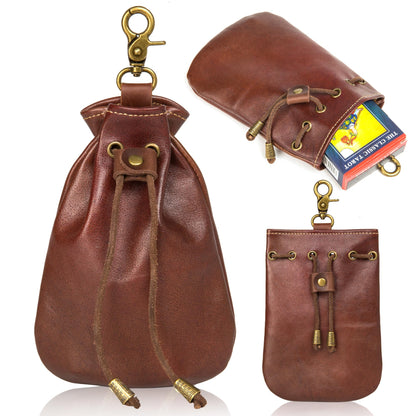 CHULEAG Vintage Medieval Drawstring Belt Pouch, FULL-GRAIN Leather, handmade, portable coin&dice purse with keychain. (Big)