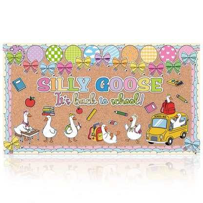Gersoniel 70 Pcs Silly Goose It's Back to School Bulletin Board Set Goose Bow Book Pencil Banner DIY Paper Cutout for First Day of School Birthday Party Classroom Chalkboard Wall Decorations