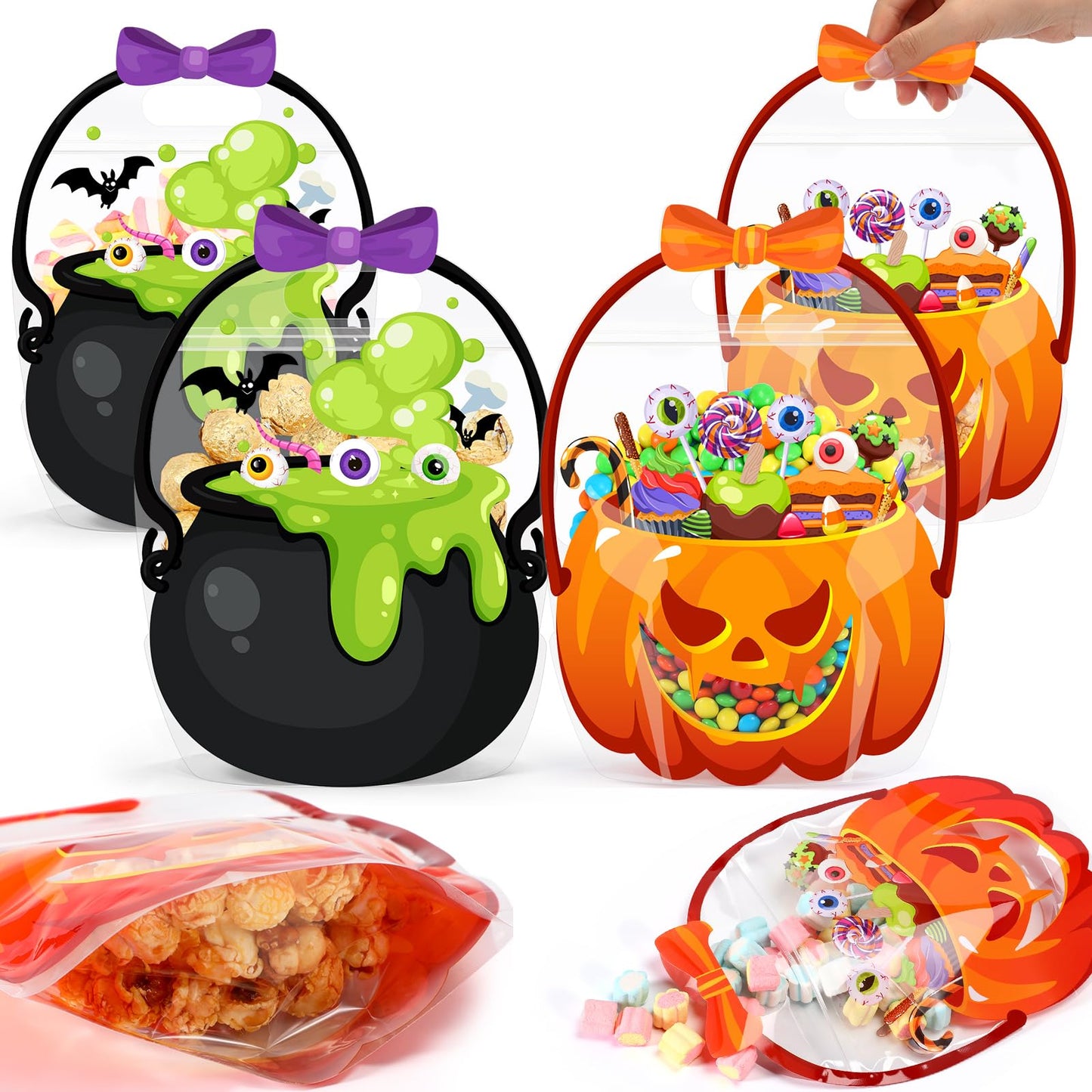 Fuutreo 50 Pcs Halloween Bags Plastic Halloween Goodie Bags with Handles Scary Cauldron Sealed Pouch Sealing Pumpkin Treat Candy Pouch for Scary Holiday Party Candy Gift Supplies Decor(Bubble Gourd)