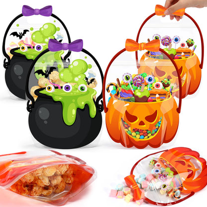 Fuutreo 50 Pcs Halloween Bags Plastic Halloween Goodie Bags with Handles Scary Cauldron Sealed Pouch Sealing Pumpkin Treat Candy Pouch for Scary Holiday Party Candy Gift Supplies Decor(Bubble Gourd)