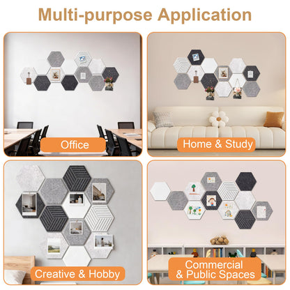 12 Pack Hexagon Cork Board, Modern Grayscale & Hexagon Felt Bulletin Board with 70 Pins, 11.8x10.2 Felt Board,for Home Office Decor Wall Art & Vision Board with Cut-Out Designs
