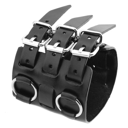 HZMAN Men's Alloy Ring Genuine Leather Bracelet Bangle Cuff Silver Tone Adjustable (Black)