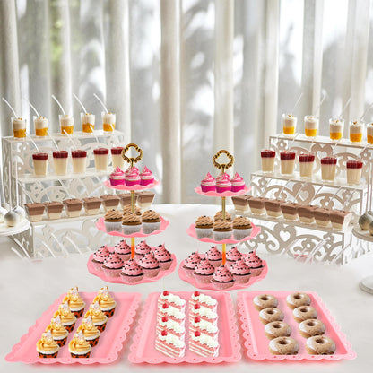 6 Pcs Cupcake Stand Set - Pink Plastic Dessert Table Display Set, 2X Pink Round 3 Tier Cupcake Display Stands Cookie Tray Rack Serving Tower & 4X 14 in Plastic Trays for Wedding Baby Shower Tea Party