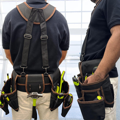 Tool Belt for Men, 32 to 66 Inches Adjustable Waist, Electrician and Carpenter Tool Belt with Suspenders for Construction and Gardening, Black and Brown, Oxford Fabric