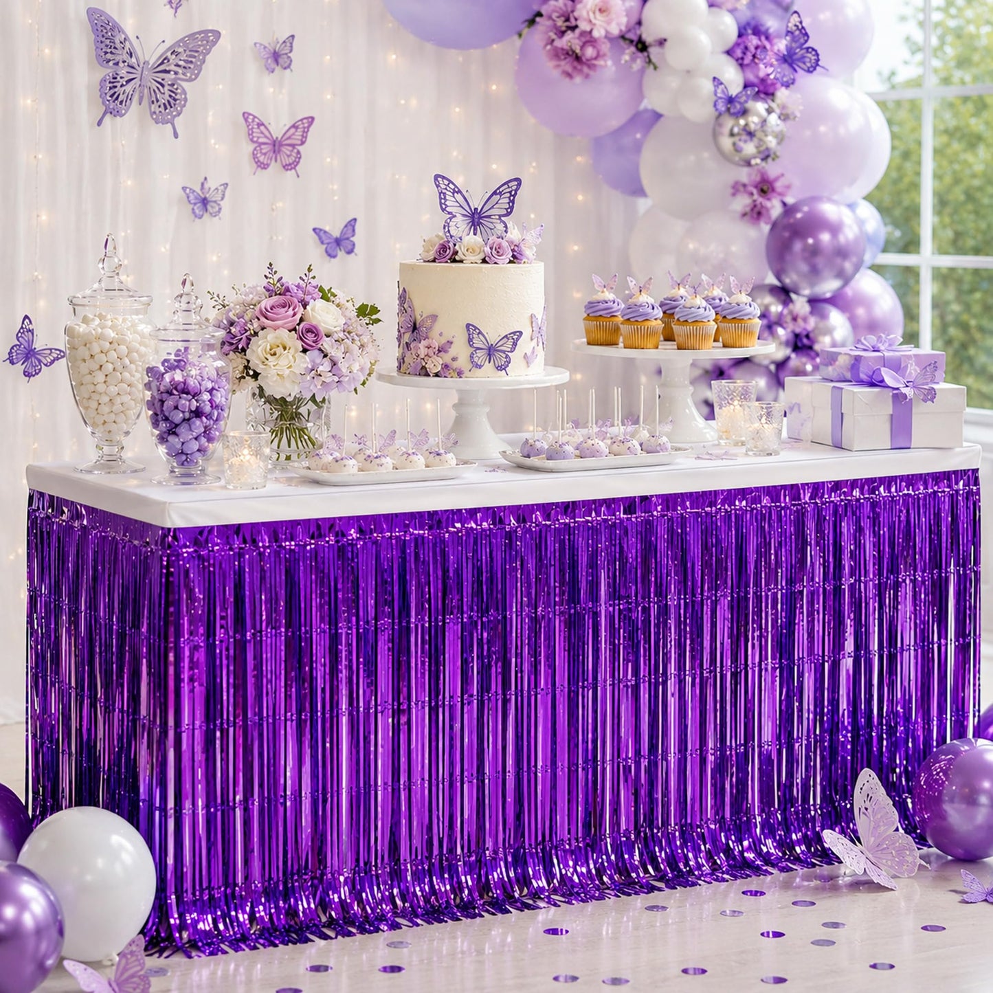 WIEPENGLNA 4-Pack Purple Foil Fringe Table Skirt, Disposable Metallic Tinsel Streamers, Photo Backdrop Party Decorations for Mardi Gras, Halloween, Mermaid Theme, Fairy & Graduation, 29x108 Inch
