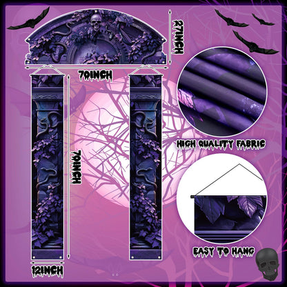 HunnmingRe 3 Pcs Halloween Cemetery Archway Halloween Cemetery Banners Gothic Outdoor Banners Sign Banner Decorations for Outdoor Party Supplies (Scary Purple)