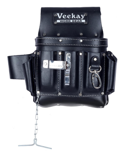 VEEKAY Tool Pouch for Electricians - 10 Pocket Leather Organizer for Electricians, Carpenters & Construction Workers, Professional Leather Tool Pouch, Durable, Professional Heavy Duty Pouch - Black