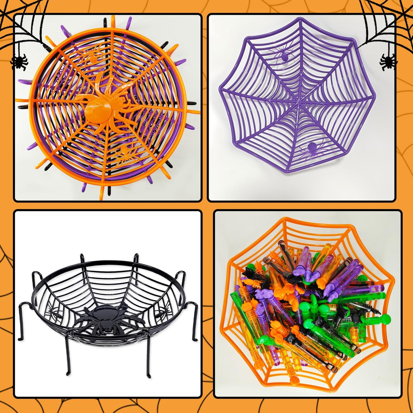 6 Pcs 11Inch Halloween Candy Bowl Set, Spider Web Design, 3 with legs & 3 without, Black/Orange/Purple—Haunted House Table Decor, Trick-or-Treat, Party Supplies, Eye-catching even without candies