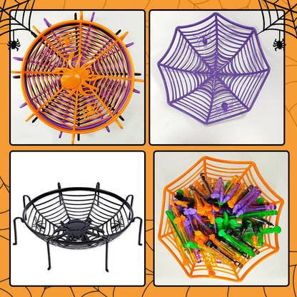 6 Pcs 11Inch Halloween Candy Bowl Set, Spider Web Design, 3 with legs & 3 without, Black/Orange/Purple—Haunted House Table Decor, Trick-or-Treat, Party Supplies, Eye-catching even without candies