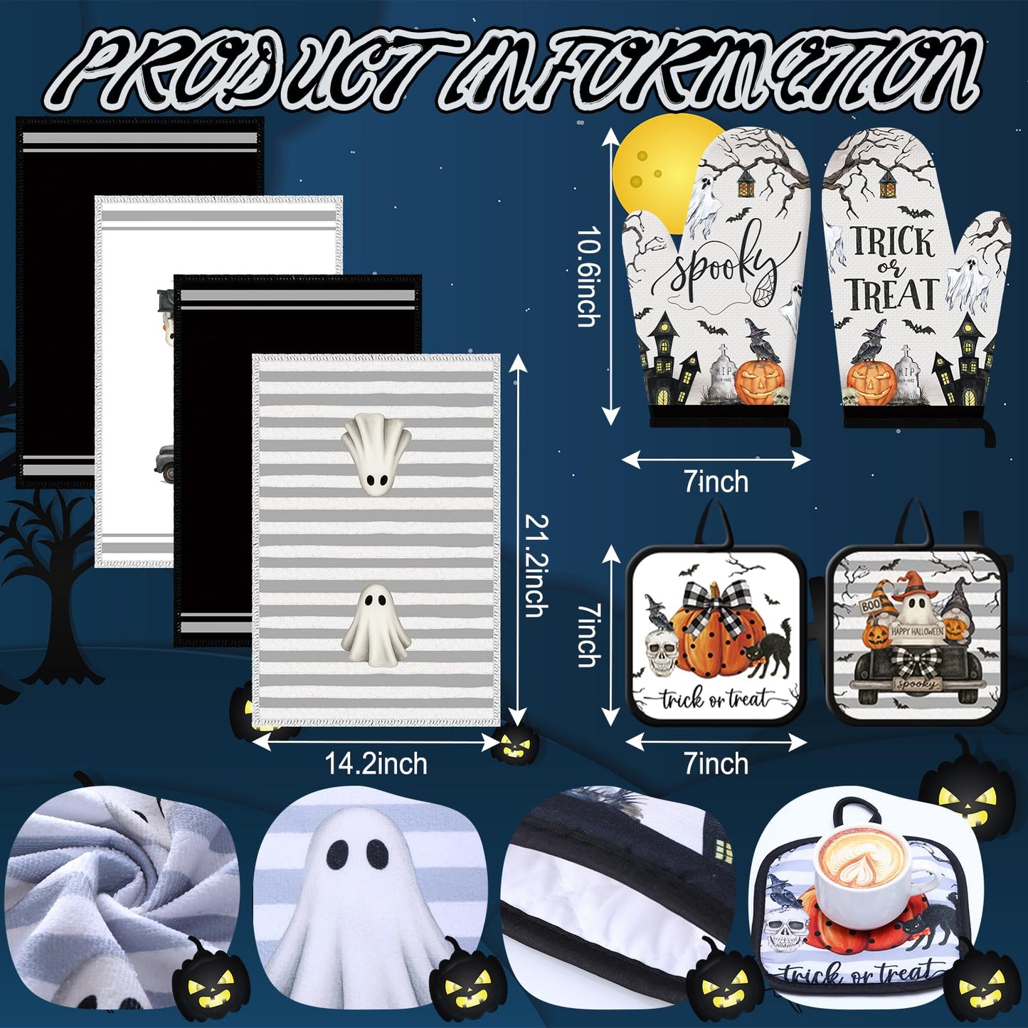 Teenyyou 11 Pcs Halloween Kitchen Mats Oven Mitts Towels and Pot Holders Set Hey Boo Rugs Ghost Kitchen Towels Pot Holders Pumpkin Oven Mitts for Halloween Home Cooking Decor Party Gift