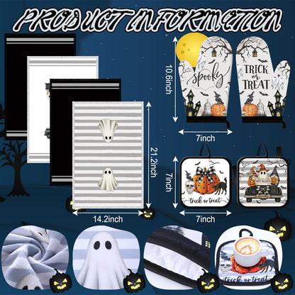Teenyyou 11 Pcs Halloween Kitchen Mats Oven Mitts Towels and Pot Holders Set Hey Boo Rugs Ghost Kitchen Towels Pot Holders Pumpkin Oven Mitts for Halloween Home Cooking Decor Party Gift