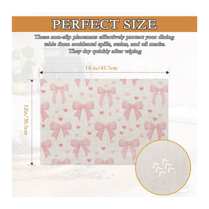 Placemats Set of 6,Cute Pink Bow Heart Heat Resistant Kitchen Table Mats for Indoor and Outdoor,Washable Wipe Clean Dining Placemat 12 x 18 Inches