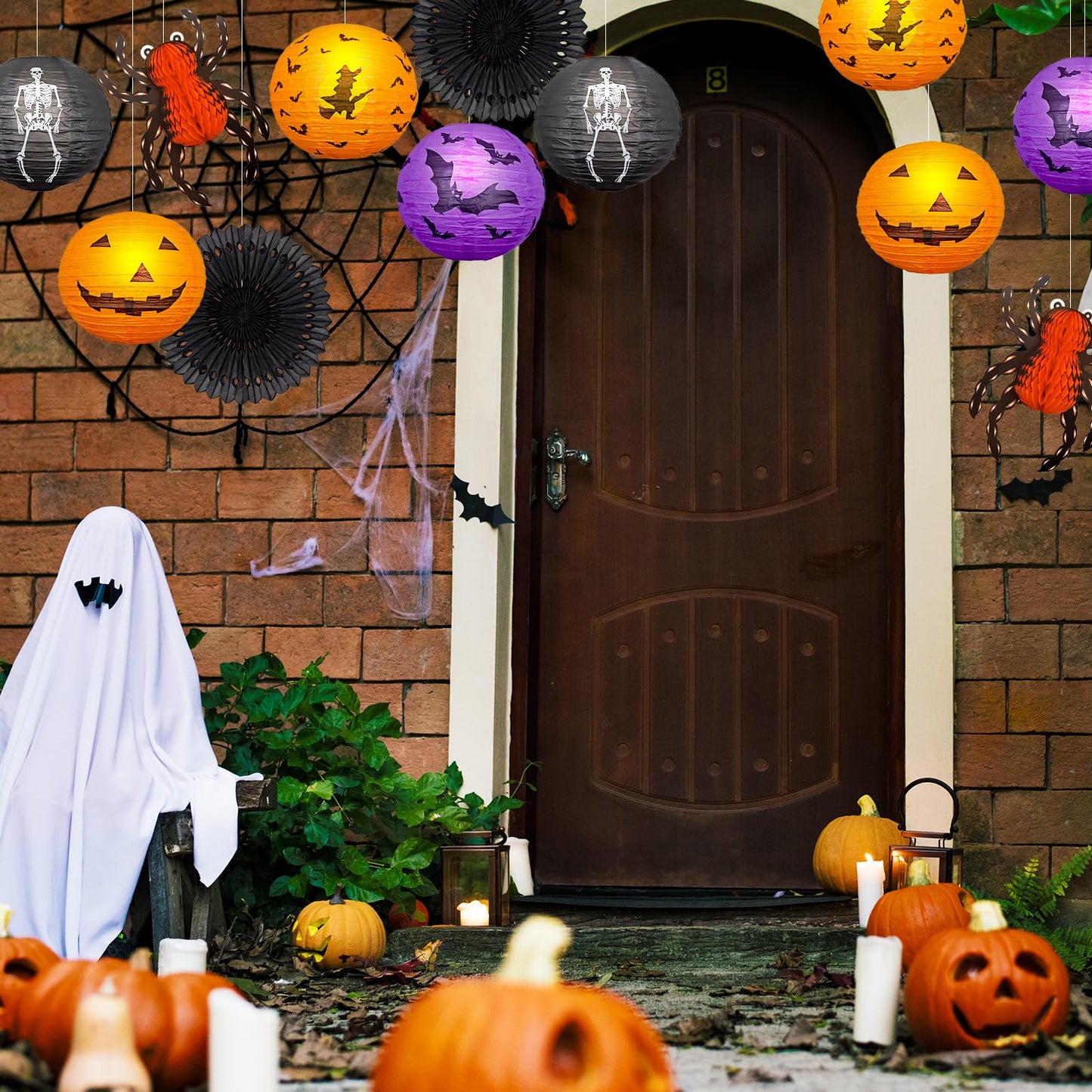 Halloween Hanging Decorations Paper Lanterns with Lights, Pumpkin Bat Skeleton Lanterns Spider for Indoor & Outdoor Spooky Home Decor Halloween Party Supplies Props 10" (8 LED Light)