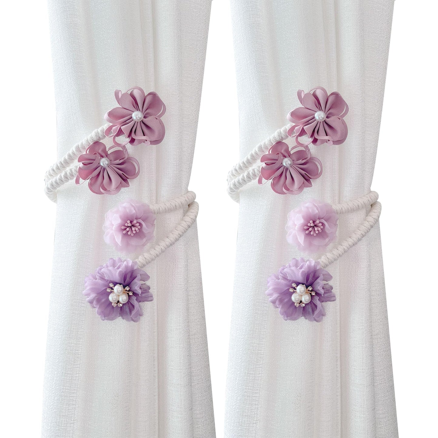 Flower Curtain Tiebacks with No Drill Installation, Fancy Decorative Holdbacks for Living Room, Bedroom, and Dining Room – Easy to Install and Adjustable, 2pcs Purple