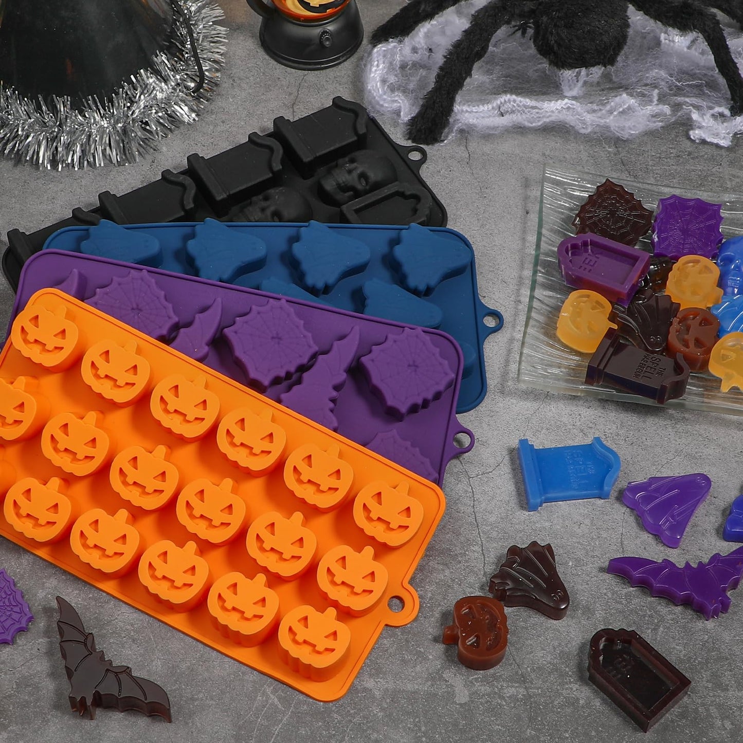 Webake Halloween Chocolate Mold Shaped with Pumpkin Jack-O-Lantern, Skull, Tombstone, Ghost, Bat and Spider, Halloween Silicone Molds for Chocolate, Candy, Ice Cube, Jello, Soap, Pack of 4