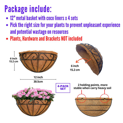 LaLaGreen Wall Hanging Planters, 4 Pack, 12 Inch Balcony Flower Baskets with Coco Liner Outside, Outdoor Vertical Garden, Fence Pots Holder Half Round Semi Circle Rail Railing Deck Porch Balcony Patio