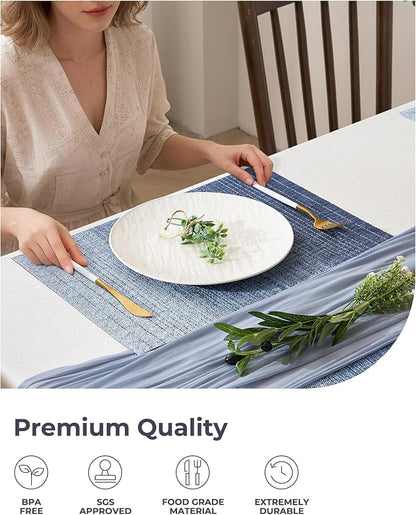 Leetaltree Gradient Blue Woven Placemats Set of 24 - Heat Resistant Non-Slip Place mats for Dining Table, Washable Durable PVC Vinyl Woven Table Mats(Gradient Blue, 24)