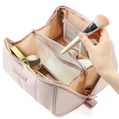NISHEL Travel Makeup Bag for Women, Fluffy & Lightweight Open Flat Cosmetic Organizer with Multiple Functional Divider for Brush Independent Storage, Handle for Easy Portability, Pink