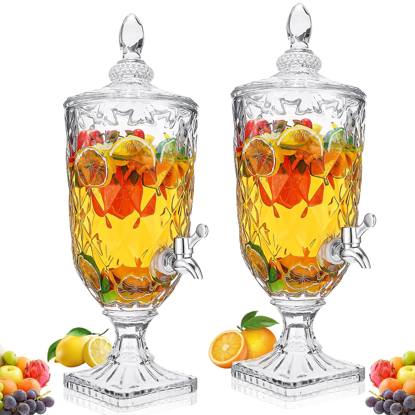 Nuogo 2 Pcs 0.8 Gallon Drink Dispensers for Parties Glass Beverage Dispenser with Stand and Spigot Vintage Iced Beverage Dispenser Crystal Drink Dispensers Glass Fountain for Birthday Party Home