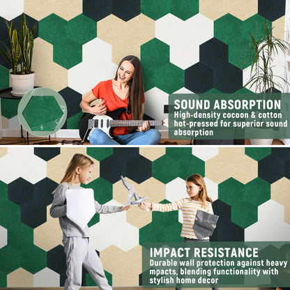 16Pcs Hexagon Felt Cork Board Tiles Self Adhesive Hexagon Wall Tiles with 60 Push Pins 20 Wooden Clips DIY Bulletin Board Pin Boards for School Office Home Photos Memos Display (Green Brown)