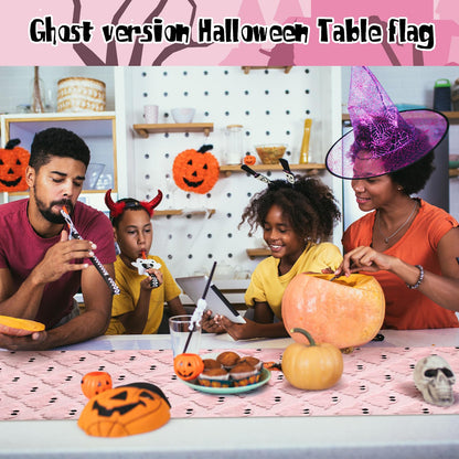 Reallnaive Pink Ghosts Halloween Table Runner Fall Kitchen Dining Runners Halloween Table Decorations for Indoor Outdoor Home Party Decor, 13 x 72 Inch