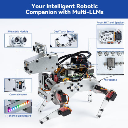 SunFounder PiDog AI Robot Dog Kit for Raspberry Pi 5/4/3B+/Zero 2W, Openclaw LLMs ChatGPT/Gemini/Grok, Voice&Video Recognition, Python, App, Battery, Gyroscope, Camera (RPI NOT Included)