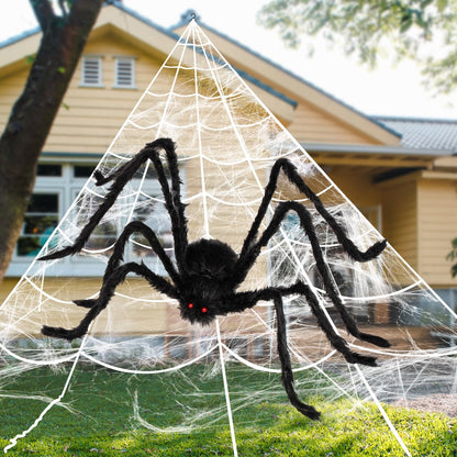 JOYIN Halloween Spider Web and 59'' Giant Spider, 16.4 x 15.7 Ft Large Triangular Web and Stretchy Cobweb 100g for Outdoor Decor, Spiderweb for Patio, Garden, Yard, Haunted House, Indoor Home Party