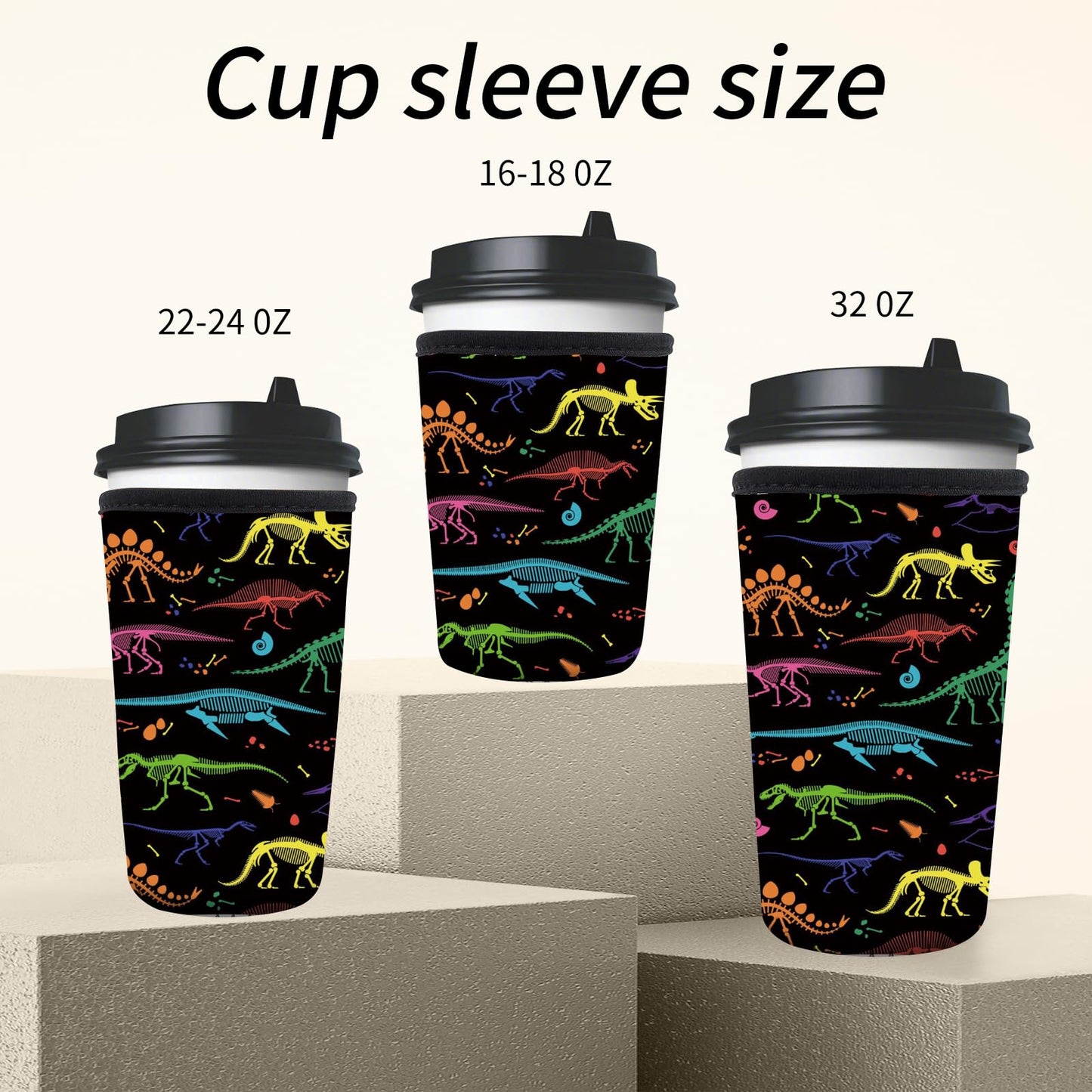 AMZXCFGL 3 Pack Reusable Neoprene Insulator Sleeve for Iced Coffee Cups, Cute Funny Coffee Cup Sleeve, Universal Fit 16-32oz Cups for Hot Cold Beverages Cute Dinosaur