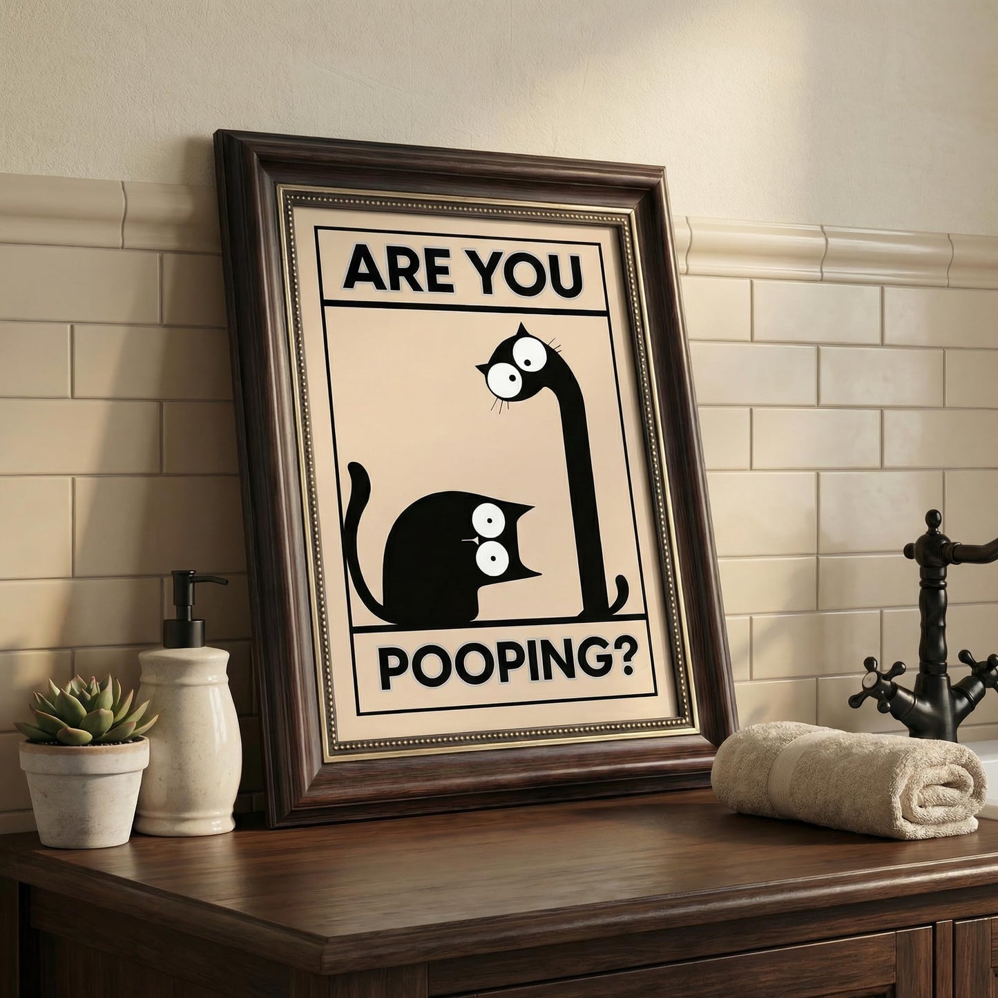 Dark Brown Framed Funny Bathroom Cat Canvas Wall Art Are You Pooping Wall Decor Picture Humor Bathrooms Animal Poster Print Painting for Toilet And Restroom Prepare To Hang