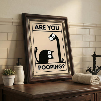 Dark Brown Framed Funny Bathroom Cat Canvas Wall Art Are You Pooping Wall Decor Picture Humor Bathrooms Animal Poster Print Painting for Toilet And Restroom Prepare To Hang
