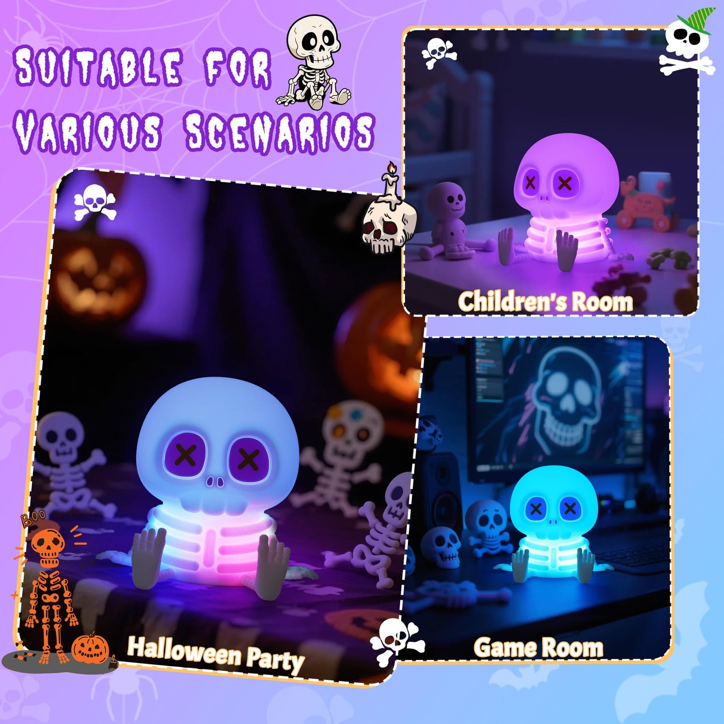 CoolGift Mart Skull Night Light, Silicone Touch Control Lamp. USB Rechargeable with Timer & Brightness Adjustment, Creates Customizable Glow for Gaming Room, Bedside, or Halloween Decor
