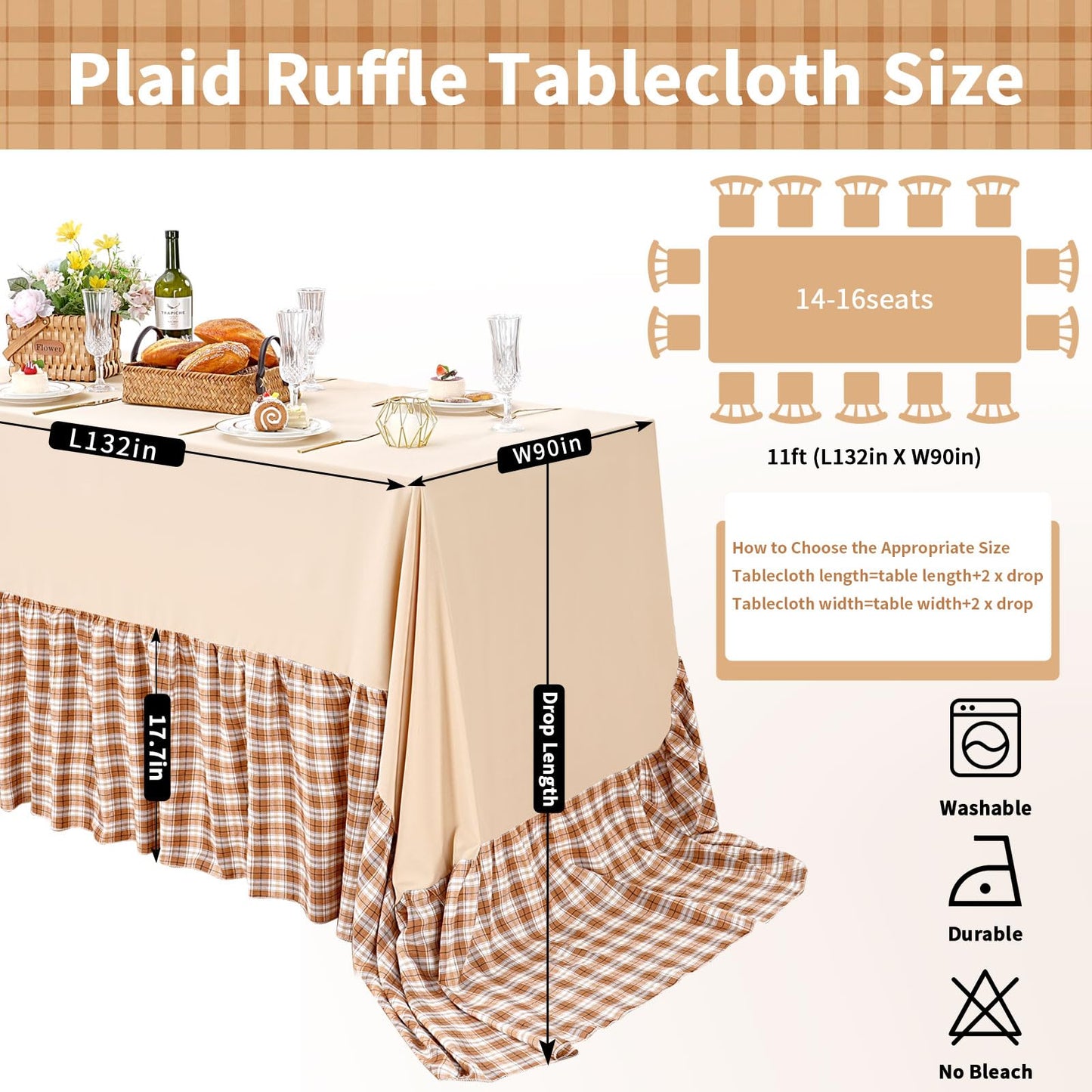 Fanqisi Brown Ruffle Table Cloth Fall Tablecloth - 90 x 132 Inch Polyester Tablecloths Rectangle Thanksgiving Table Cover for Birthday Wedding Picnic Christmas Party Decoration