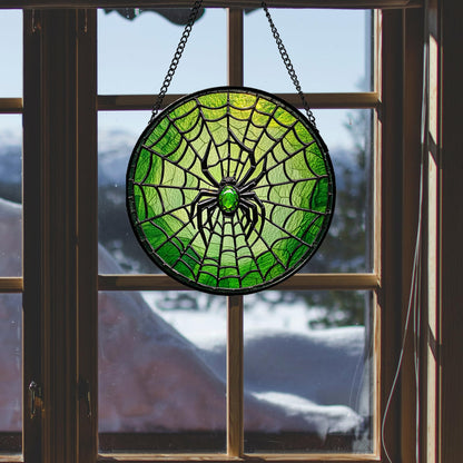 CRISGIF Stained Glass Window Hanging - Black Green Horror Spider Web Suncatcher for Doors Garden Patio Sun Catchers Decor Christmas Halloween Birthday Gifts for Women Men Mom Nana Friend 7.8 in