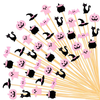 Whaline 120 Pcs Pink Black Halloween Cocktail Picks Cute Ghost Pumpkin Bamboo Toothpicks Garnish Sticks for Appetizers Fruit Sandwiches Drinks Skewers, 6 Designs