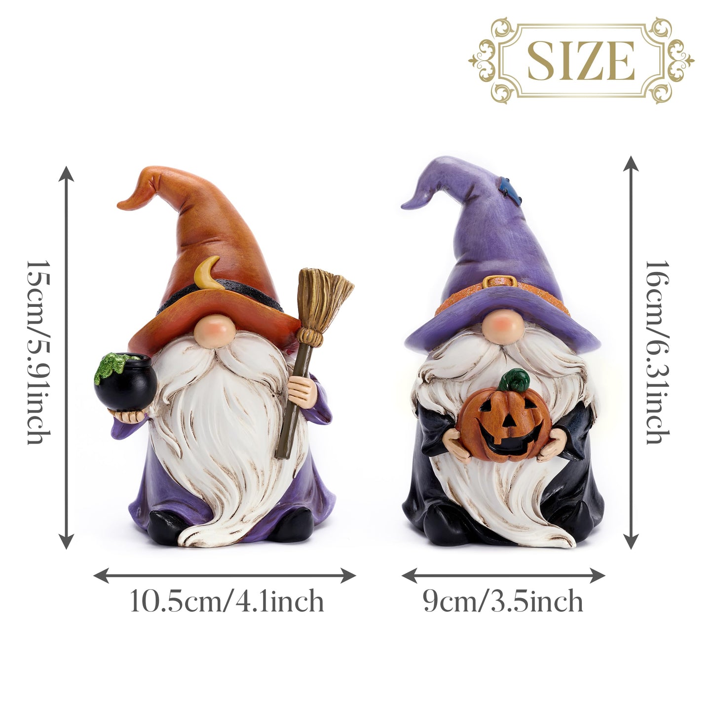 Valery Madelyn Gnomes Halloween Decorations Indoor, 2 Pcs Resin Gnome Decor for Home with Witch Hat Broom Jack O Lantern Moon, Halloween Figurines Elf Dwarf for Table Tiered Tray Outdoor, 6.3"