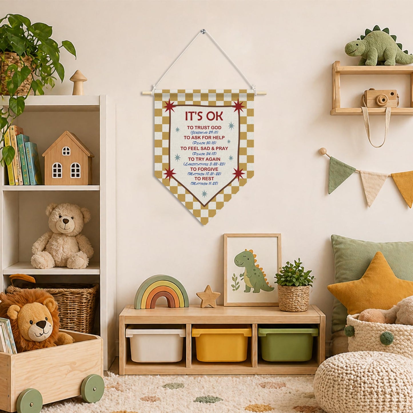 RUKUPA Christian Inspirational Wall Art Decor, Bible Verse Hanging Pennant Flag, Yellow Checkered Motivational Religious Wall Art Poster Hanger for Home Bedroom Kids Nursery Room Decor, 11x15 Inch