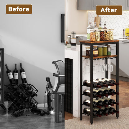 IBUYKE Wine Racks Freestanding Floor,Liquor Bottle Holder,16 Bottles Wine Cabinet with Glass Holder,Wine Holder Display,Mini Wine Bar Table for Living Room,Kitchen Pantry,Dining Room,Brown UTMJ907H