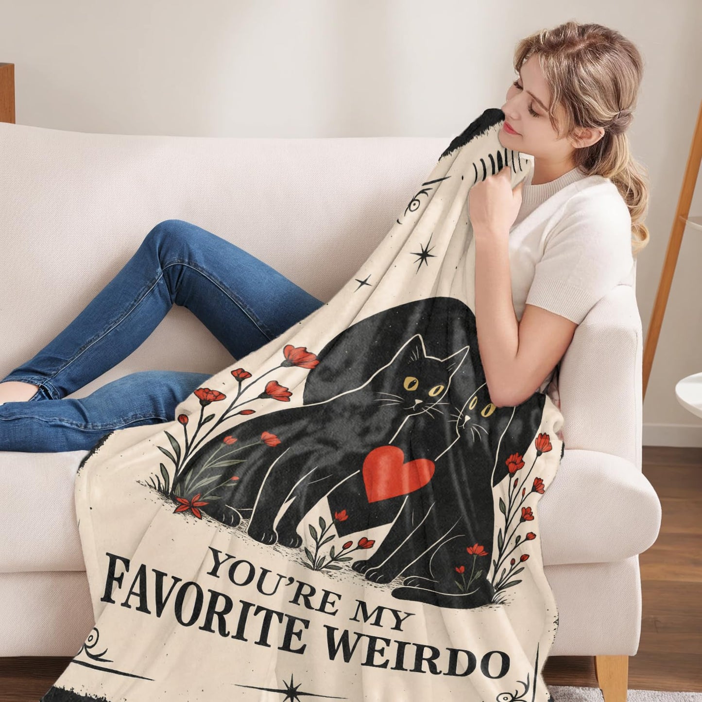Oertud Black Cat Halloween Theme Flannel Blanket for Women, Men, Gothic I Love You Throw Blankets for Boyfriend, Girlfriend, Wife, Couple, Travel Camping Sofa Living Room Decor 50x60 in