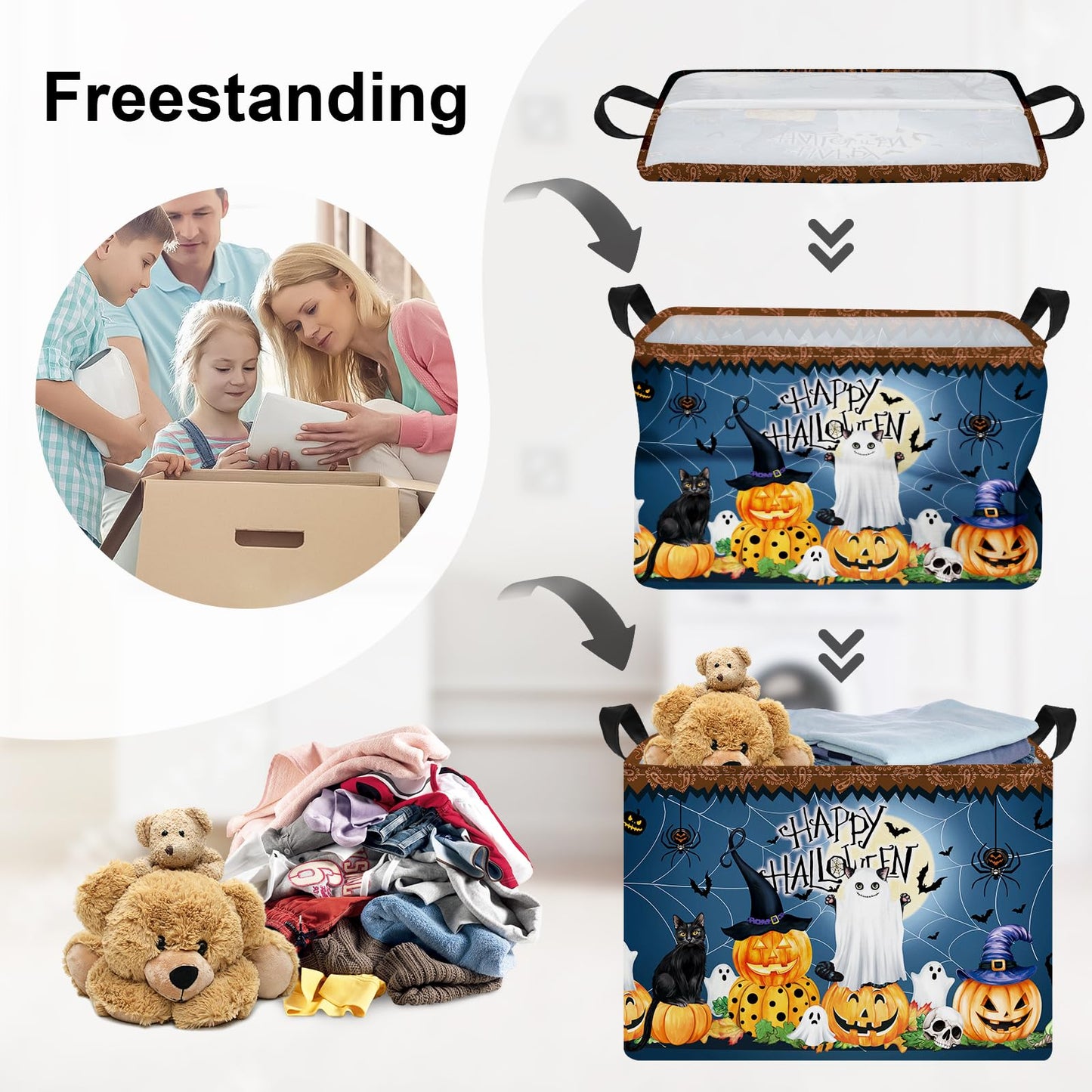 HUUMONSS Halloween Baby Storage Basket Ghost Bat Pumpkin Collapsible Clothes Kids Laundry Hamper Large Boys Girls Gift Toy Box Bin for Nursery Room,Hat Witch,40*30*30 cm