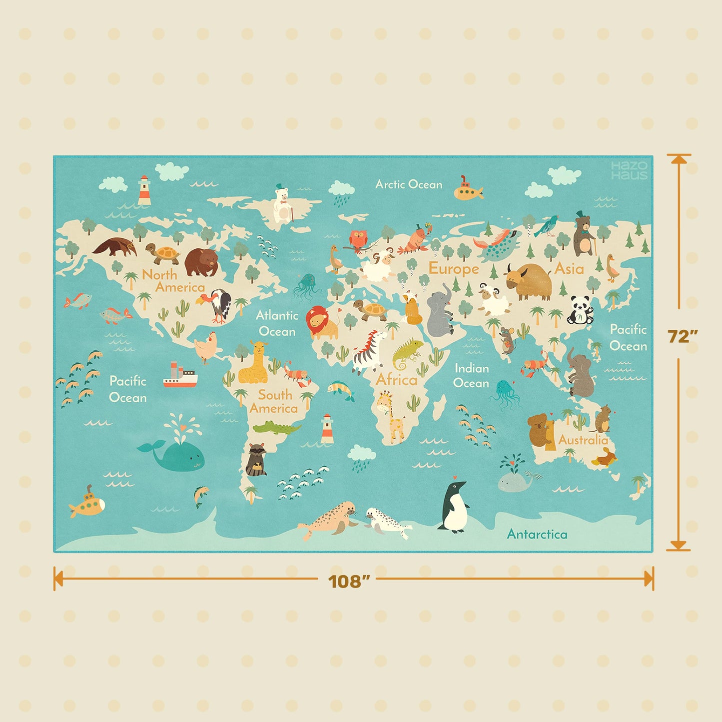 Hazo Haus Washable Large Kids Room Rug with Animal – 6x9 Educational World Map Play Mat for Bedroom – Non-Slip, Stain Resistant, Soft & Safe for Baby, Playroom Essentials - Blue Ocean