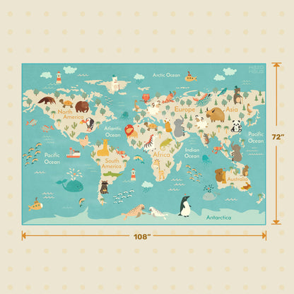 Hazo Haus Washable Large Kids Room Rug with Animal – 6x9 Educational World Map Play Mat for Bedroom – Non-Slip, Stain Resistant, Soft & Safe for Baby, Playroom Essentials - Blue Ocean