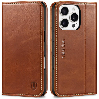 SHIELDON Wallet Case for iPhone 16 Pro 6.3" 2024, Genuine Leather Folio Magnetic Closure RFID Blocking Card Holder Kickstand Full Protection Phone Case Compatible with iPhone 16 Pro - Retro Brown