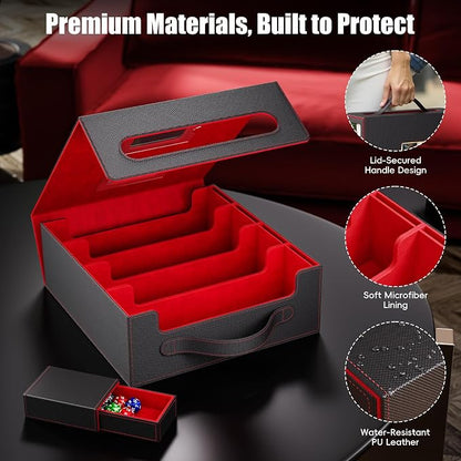 Trading Card Storage Box – 3500+ Magnetic MTG Deck Box with Handle,Commander & Toploader Display, Dice Box,4 Dividers & 30 Color Labels – Fits for TCG,MTG,Yu-Gi-Oh and Sport cards(Black/Red)