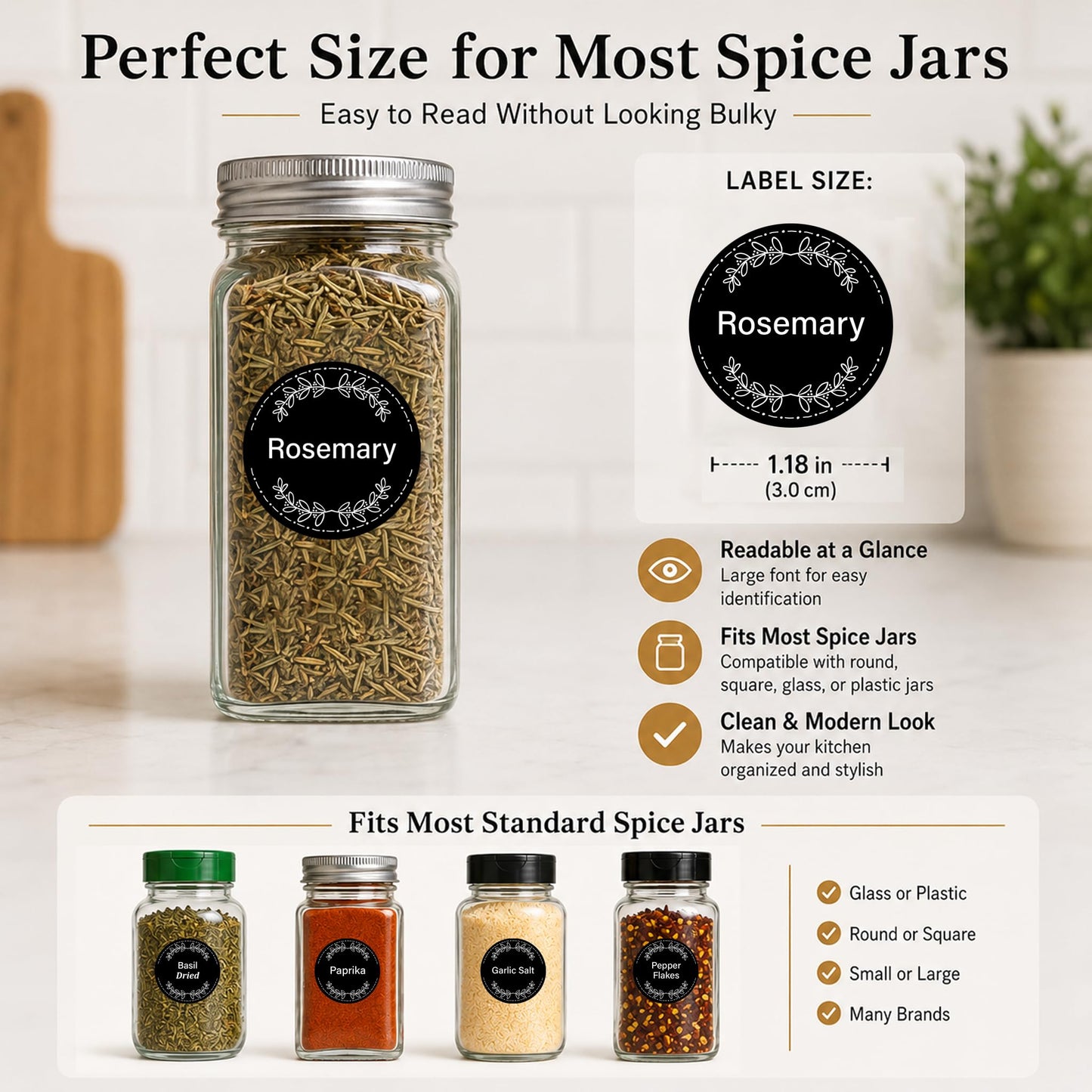 665 Spice Labels Book with A-Z Index, Black Round Pantry Stickers
