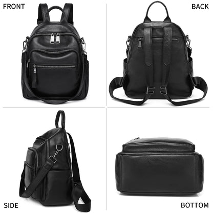 Wesccimo Genuine Leather Backpack Purse For Women Black Real Soft Leather Fashion Designer Convertible Ladies Shoulder Bag