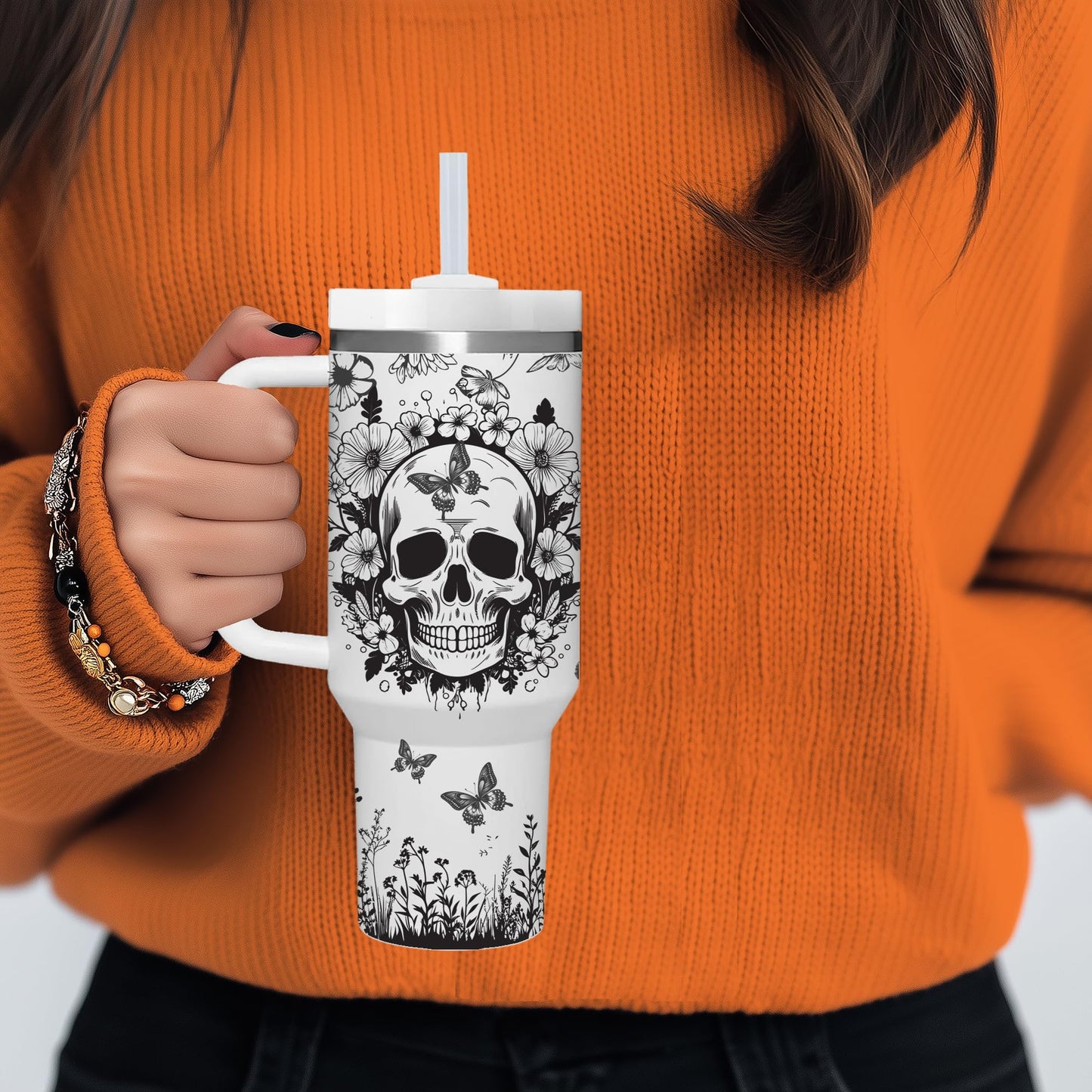 AMZUShome 40 OZ Goth Skulls Tumbler with Handle.Skull Lover Tumblers Gift.Unique Birthday Christmas Halloween Goth Skull Cup Gifts.40 OZ skulls Tumbler Gifts for Women.