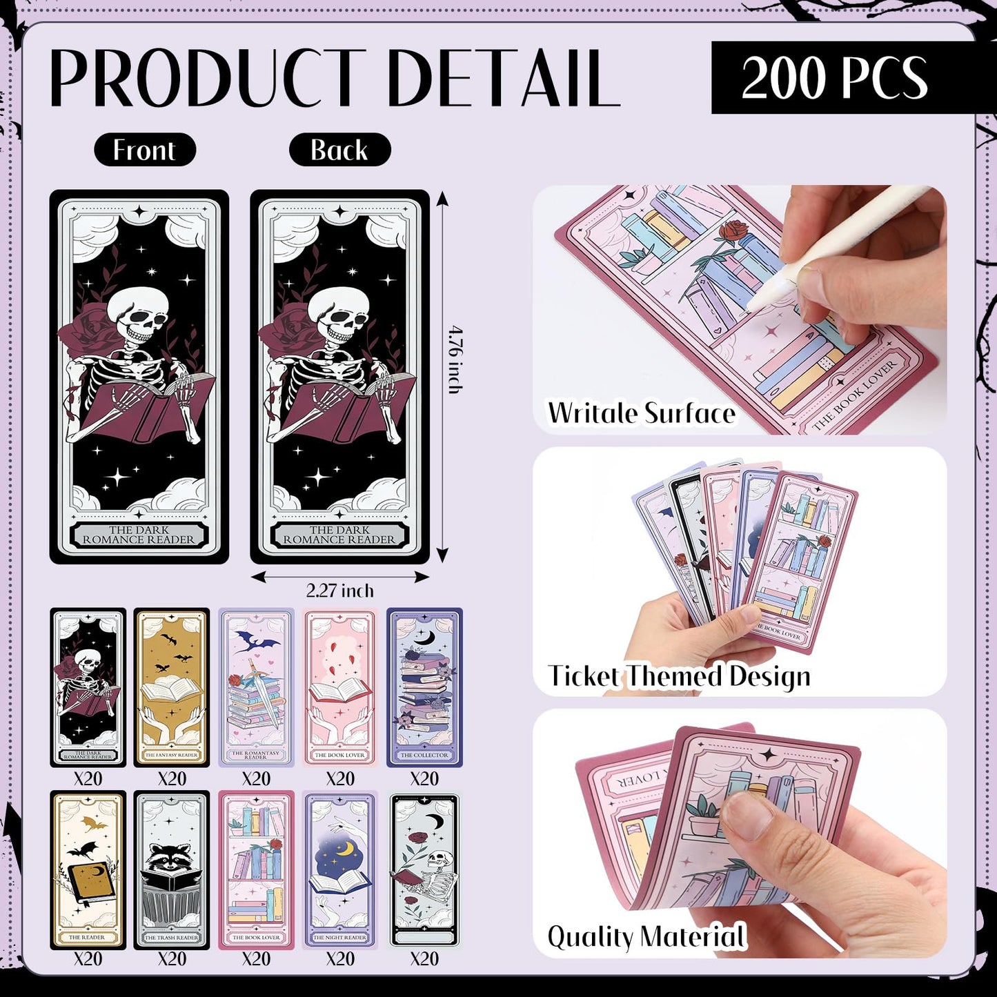 Gersoniel 200 Pcs Dark Romance Bookmarks Summer Halloween Ghothic Cute Tarot Pop Magic Ticket Designed Reading Tracker Reading Accessory Bookish Page Clip Gifts for Book Lover School Library