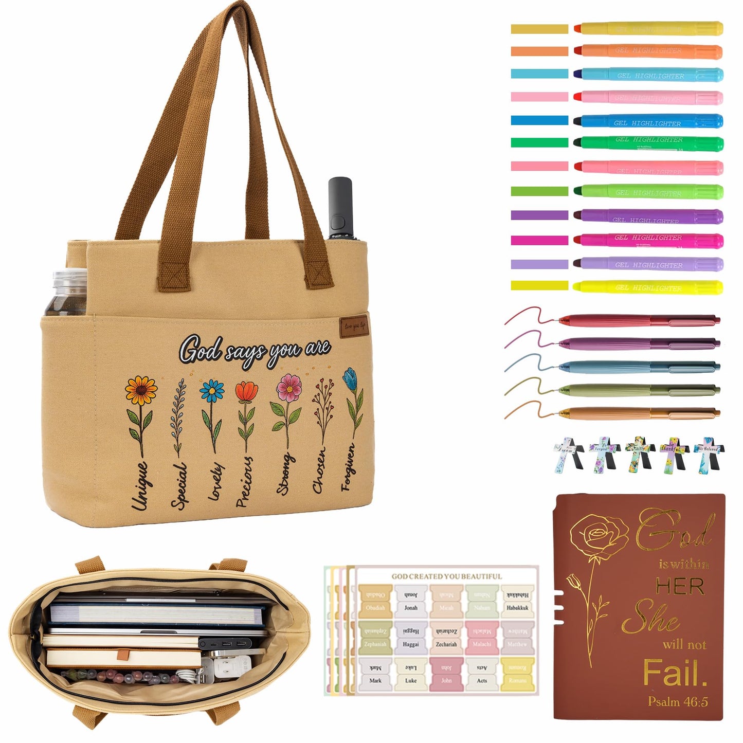 25 PCS Bible Study Supplies Kit, Large Capacity Canvas Tote Bag for Women Organizer, Bible Highlighters and Quick Dry Pens No Bleed Through Tabs, Christmas Christian Gifts for Women Mom Friends