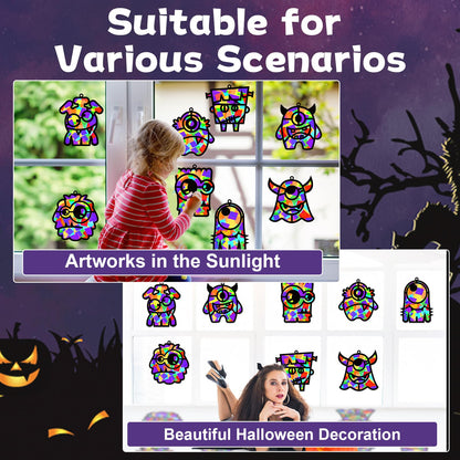 32 Sets Halloween Monster Suncatchers Craft Kit DIY Window Stained Glass Effect Halloween Monster Paper Crafts Home School Classroom Decoration Kid Birthday Gift Creative Art Project Activity Game