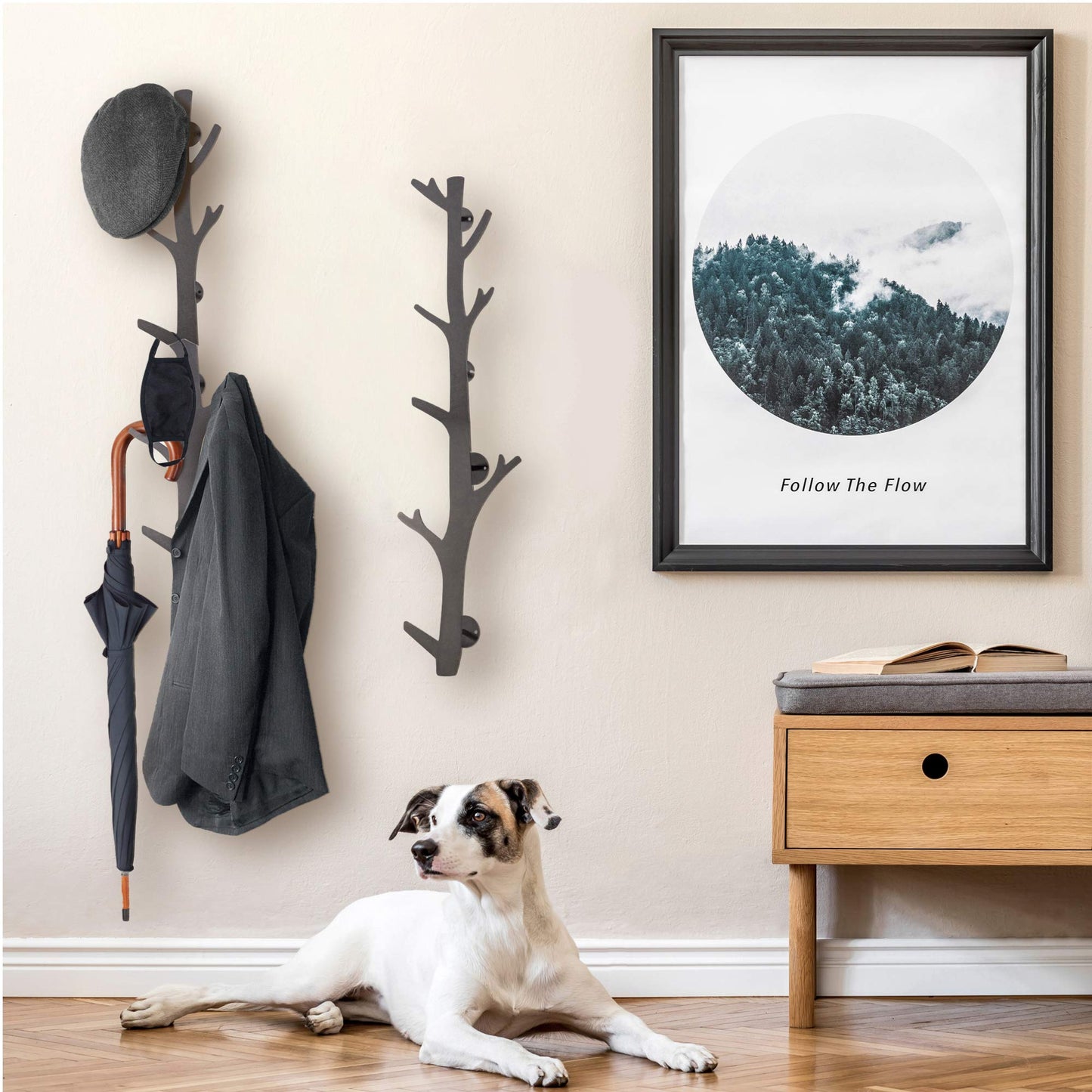 TERRA HOME Tree Branch Coat & Hat Rack Wall Mount with 8 Vertical Hooks for Caps, Coats, Purse & More Modern Storage Dog Leash Holder Decorative Wall Hooks Vertical